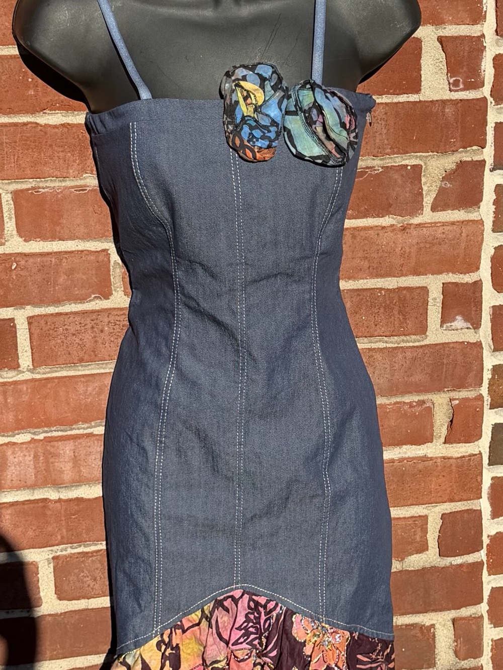 Rinascimento Strapless Dark Blue Denim Dress with Multicolor Floral Trim
